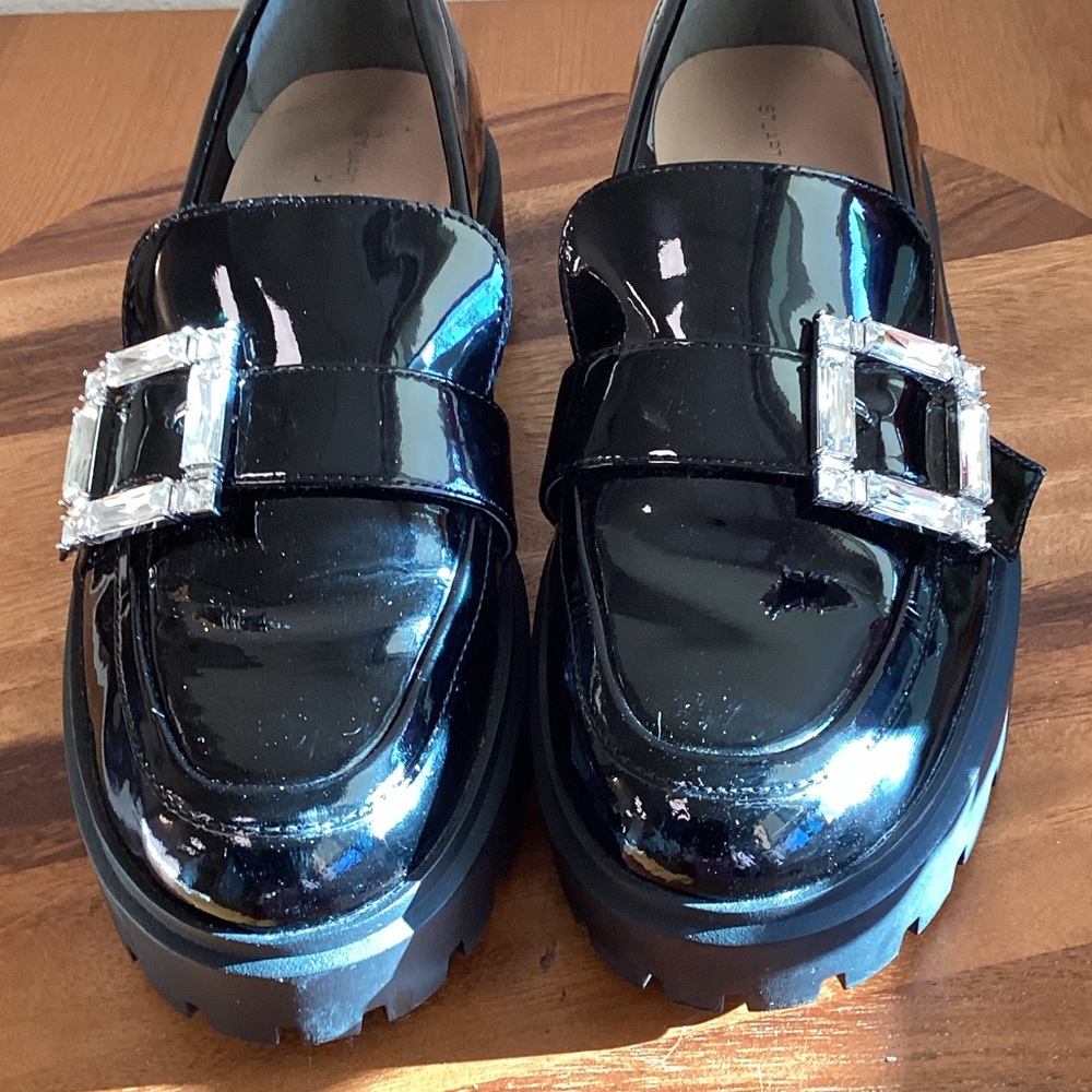 Stuart Weitzman June lug loafers Black Patent leather with Buckle 9 - Picture 1 of 13